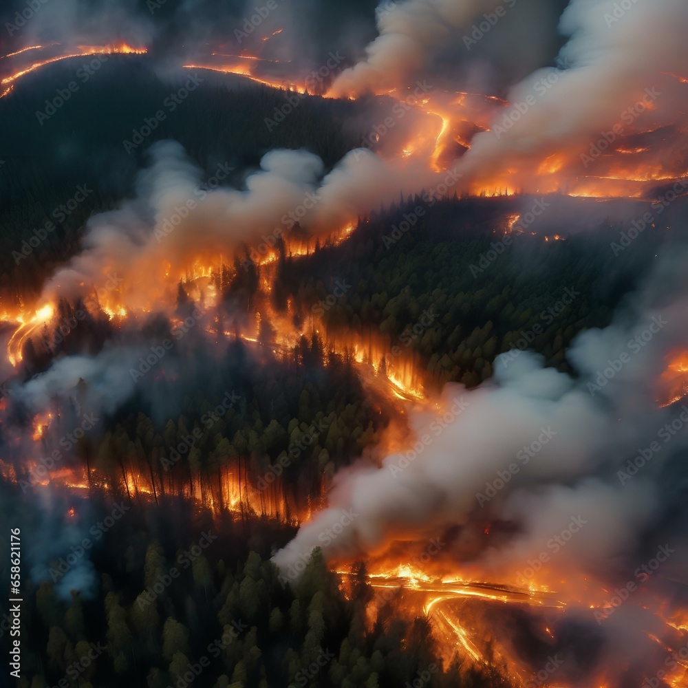 A satellite image of a forest fire, depicting raging flames and billowing smoke3