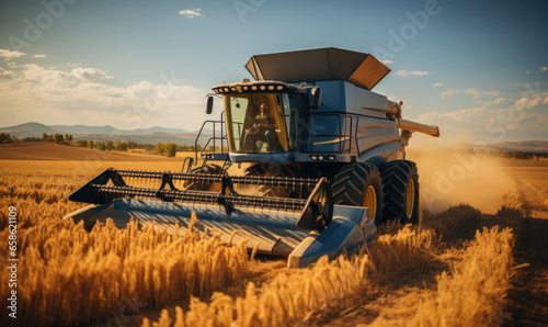 Combine harvester harvesting golden ripe wheat in field. Agriculture concept. Seasonal work of farming machine. Big modern industrial combine harvester reaping wheat grains.