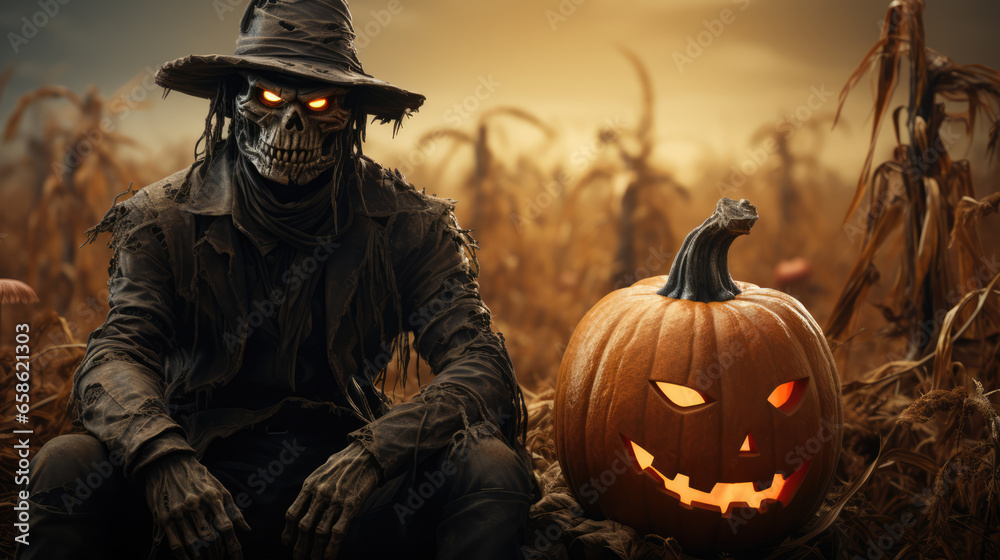 A scary garden scarecrow with glowing eyes sits with a Jackolantern