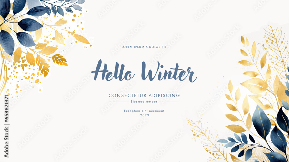 Hello Winter watercolor floral frame with golden leaves, branches ...