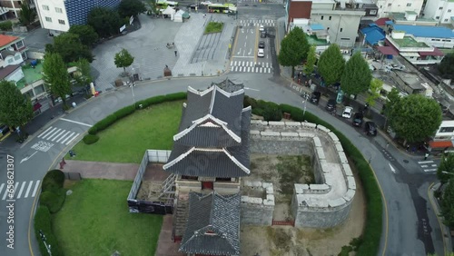 Pungnammun gate at Jeonju Hanok Village from aerial drone view.