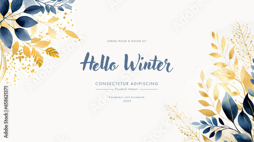 Hello Winter watercolor floral frame with golden leaves, branches, flowers and berries.