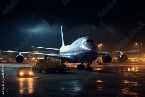 Nighttime airport scene with a huge cargo plane on the tarmac, symbolizing transportation and logistics. Generative AI