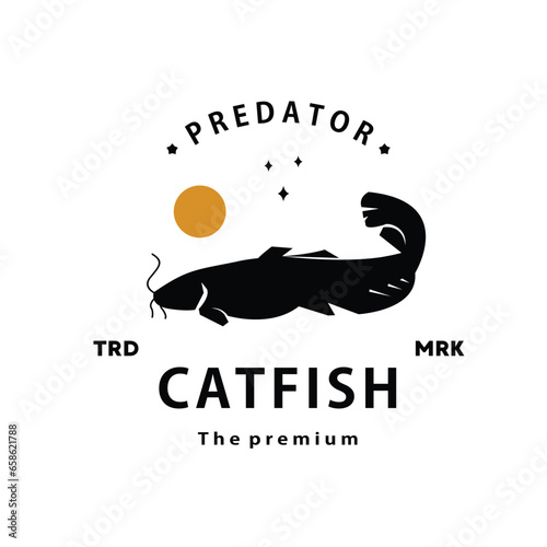 vintage retro hipster catfish logo vector outline silhouette art icon