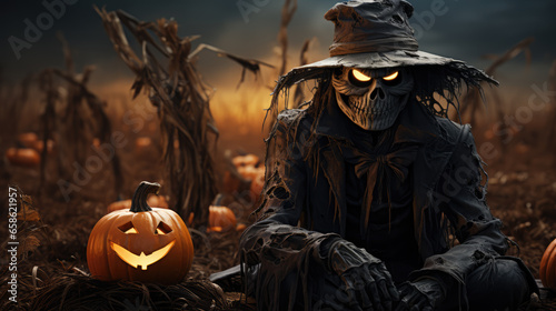 A scary garden scarecrow with glowing eyes sits with a Jack-o-lantern in a corn field. Halloween design. AI generated