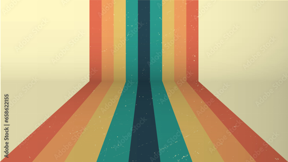 70s retro perspective lines rainbow background. Vintage grunge colourful stripes banner, backdrop and wallpaper vector. - obrazy, fototapety, plakaty 