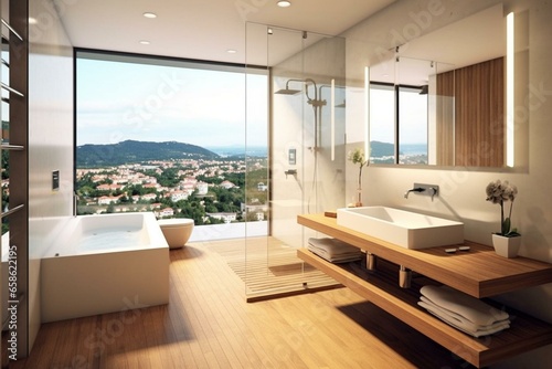 Minimalist bathroom with shower  nice view  stylish furnishings. Generative AI