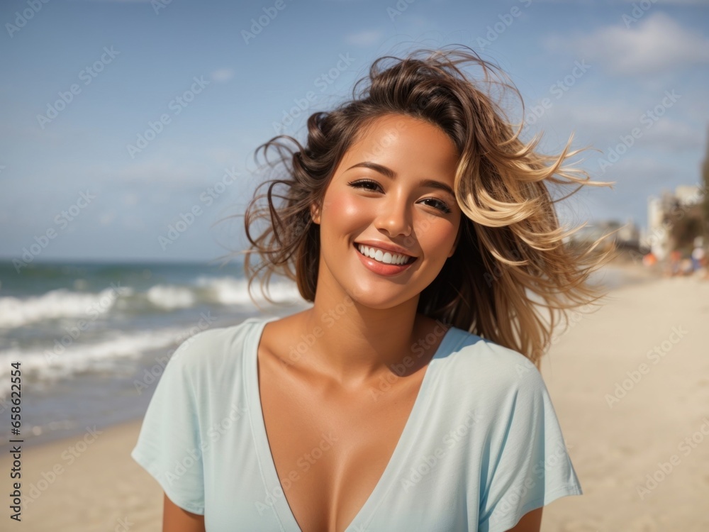 Smiling Woman by the Sea,Joyful Woman at the Beach,Beach Bliss: Portrait of a Radiant Woman by the Seashore,Happy Woman at the Beach Smiling Woman by the Sea,Joyful Woman at the Beach,Beach Bliss: Portrait of a Radiant Woman by the Seashore,Happy Woman at the Beach