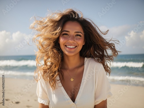 Smiling Woman by the Sea,Joyful Woman at the Beach,Beach Bliss: Portrait of a Radiant Woman by the Seashore,Happy Woman at the Beach