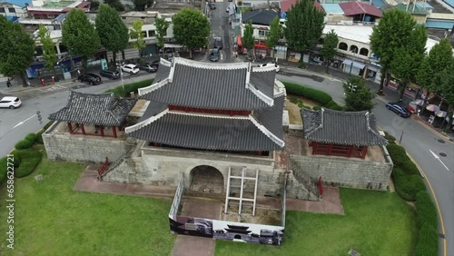 Pungnammun gate at Jeonju Hanok Village from aerial drone view.
