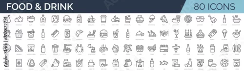 Obraz Set of 80 outline icons related to food and drink. Linear icon collection. Editable stroke. Vector illustration
