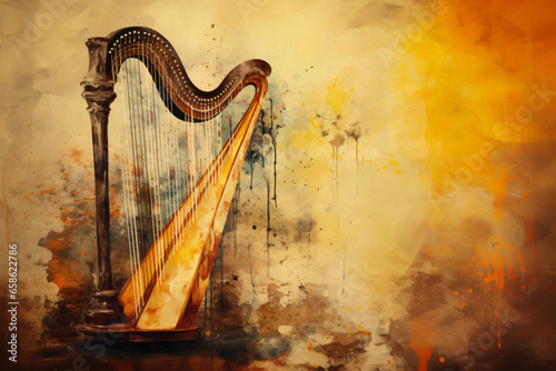 harp musical instrument with paint spots background photo