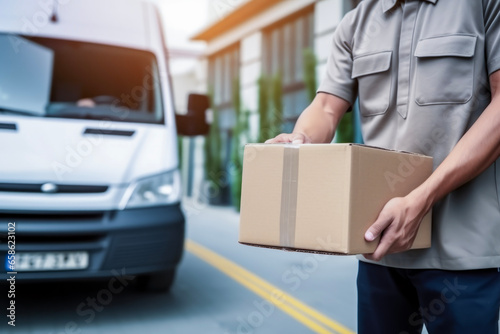 Close up hands of delivery man holding parcel box or cardboard box in front of delivery car. Distribution concept of transportation and delivery. photo