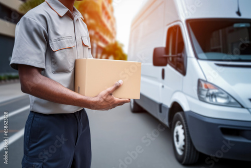 Close up hands of delivery man holding parcel box or cardboard box in front of delivery car. Distribution concept of transportation and delivery. © cwa