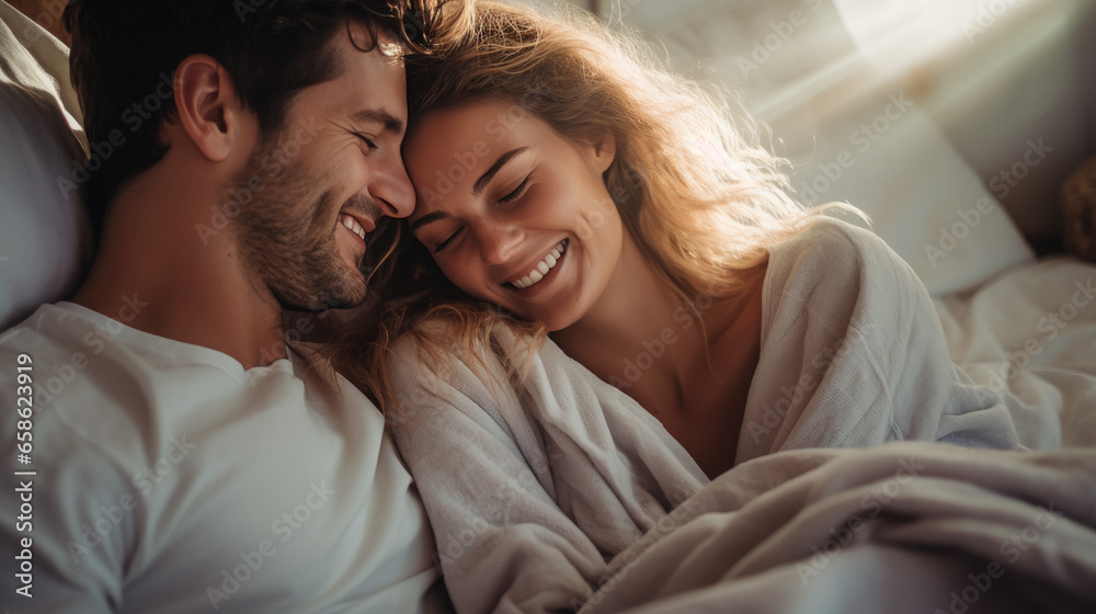 Generative AI, beautiful young man and woman, couple of lovers lying in bed, family, love, romance, passion, guy, girl, day off, sex life, date, valentine's day, relationship, time together, light Generative AI, beautiful young man and woman, couple of lovers lying in bed, family, love, romance, passion, guy, girl, day off, sex life, date, valentine's day, relationship, time together, light