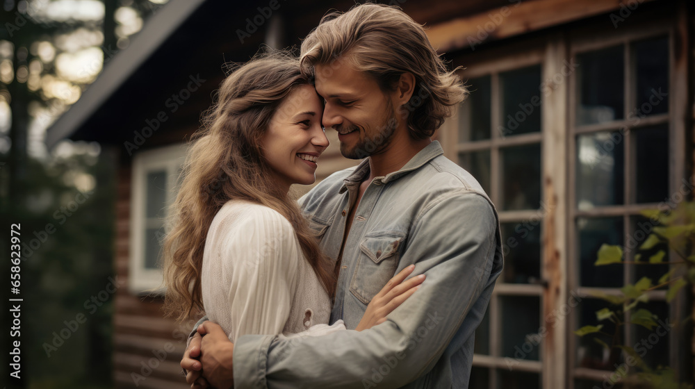 Fototapeta premium Young couple in love embracing each other on the background of a wooden house