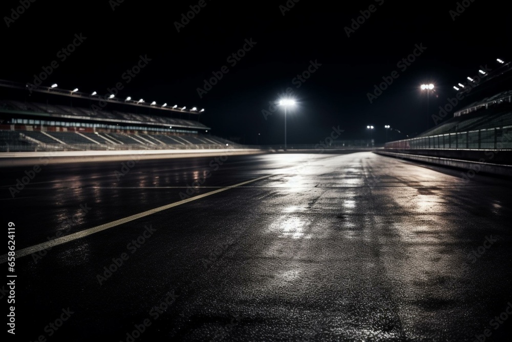 Nighttime raceway and stadium, asphalt track finish line. Generative AI