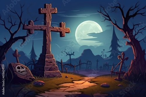 Mystery Halloween tombstone, spooky cemetery grave with cross, cartoon illustration at night
