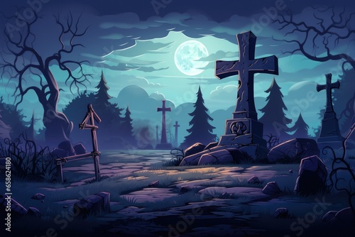 Mystery Halloween tombstone  spooky cemetery grave with cross  cartoon illustration at night