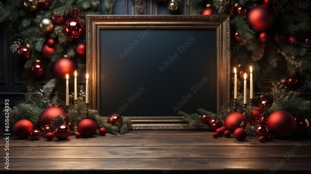 Fond de noël pour carte de vœux, flyer, Boule de noël avec cadre pour écrire, IA