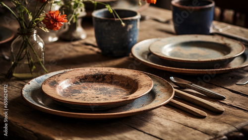 classic and rustic eating utensil and plates, food are being used as props in the dining room 