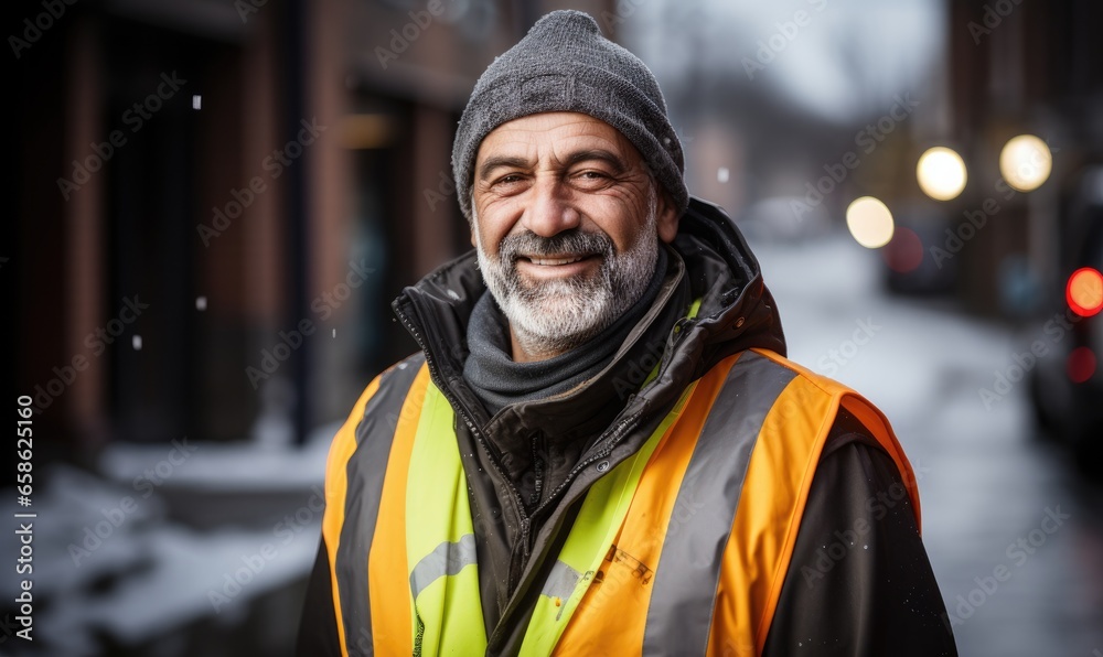 Smiling worker man wearing safety vest and winter clothes, looking at camera. Handsome male, outdoor portrait.