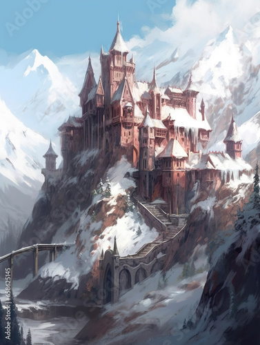 Fantasy Fortress: A Medieval Castle in a Snowy Mountain Landscape