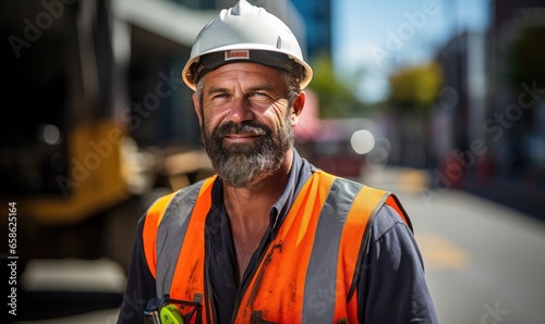 Portrait of smiling worker man in helmet. Male engineer wearing safety vest and hard hat standing in manufacturing or construction site. Positive emotion good job.
