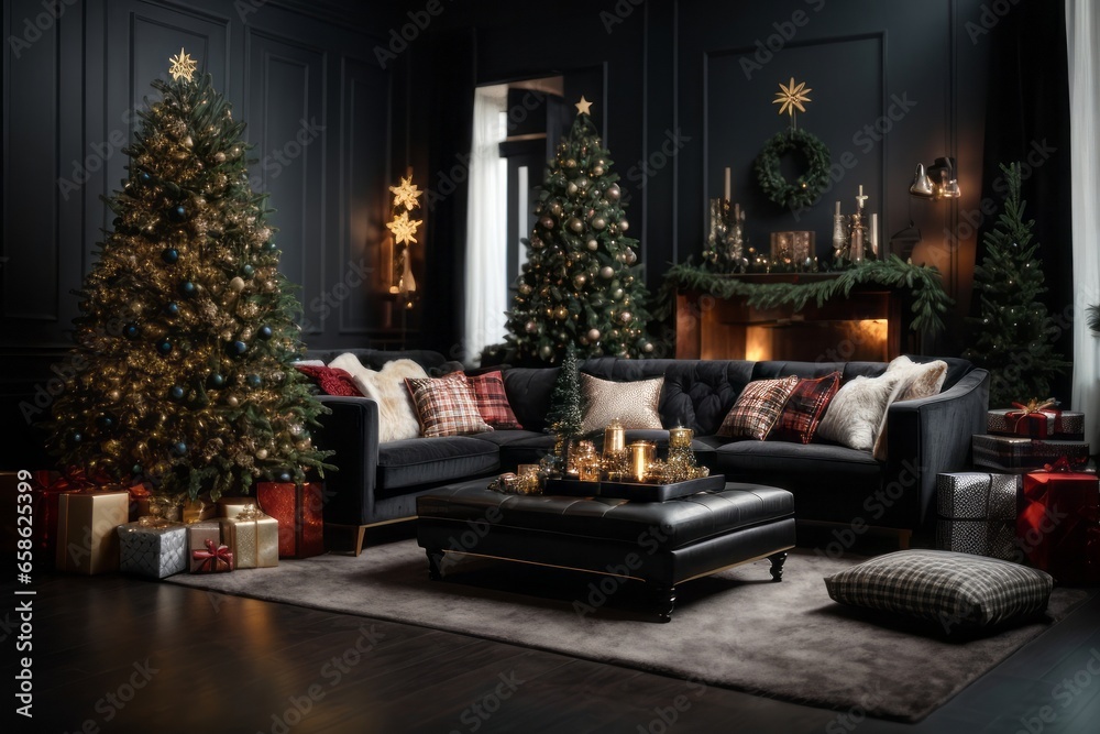 A beautiful stylish room with a New Year's interior in dark black tones