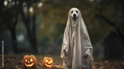 White swiss shepherd dog in a white cloak with a pumpkin on Halloween