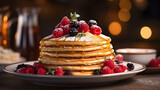 Stack of golden pancakes on a cake platter in the background - a tempting breakfast delight