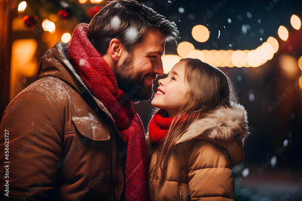 Felicidad navideña. Padre e Hija Compartiendo un Beso en Navidad bajo la nieve. Felicidad navideña. Padre e Hija Compartiendo un Beso en Navidad bajo la nieve.