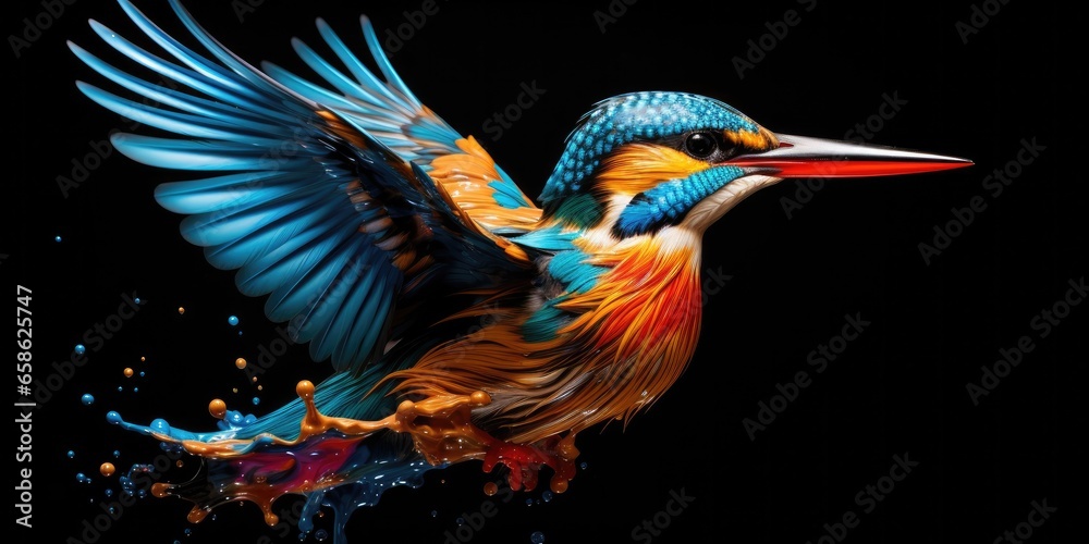 Obraz premium Painted colorful kingfisher animal, they show off in beautiful colors. isolated black background. Pattern for t-shirt printing, Generative AI