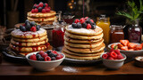 Tempting pancakes on a rustic wooden table - an irresistible array of breakfast goodness