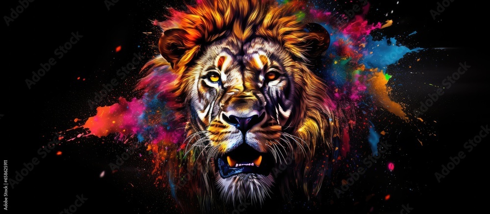 Painted colorful lion  animal, they show off in beautiful colors. isolated black background. Pattern for t-shirt printing, Generative AI