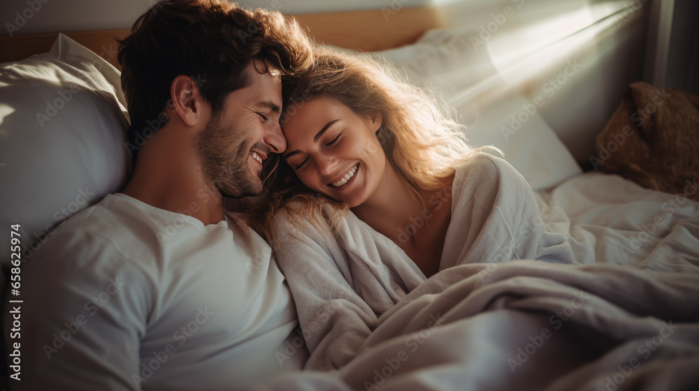 Generative AI, beautiful young man and woman, couple of lovers lying in bed, family, love, romance, passion, guy, girl, day off, sex life, date, valentine's day, relationship, time together, light - obrazy, fototapety, plakaty 