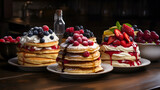 Scrumptious variety of pancakes on a vintage table - delicious breakfast food with a nostalgic touch