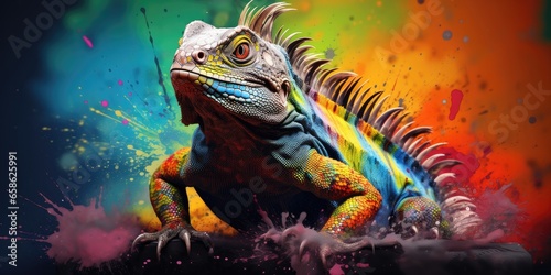 Painted colorful  lizzard animal  they show off in beautiful colors. isolated black background. Pattern for t-shirt printing  Generative AI