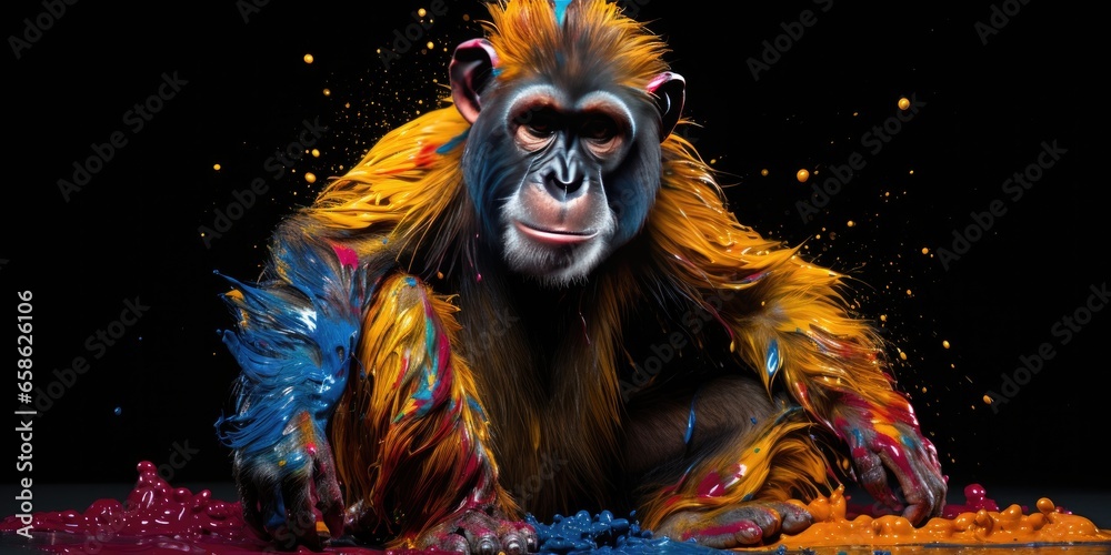 Painted colorful monkey  animal, they show off in beautiful colors. isolated black background. Pattern for t-shirt printing, Generative AI