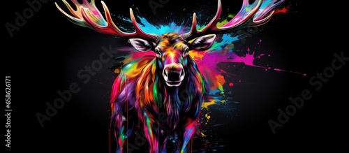 Painted colorful moose animal, they show off in beautiful colors. isolated black background. Pattern for t-shirt printing, Generative AI