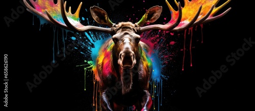Painted colorful moose  animal  they show off in beautiful colors. isolated black background. Pattern for t-shirt printing  Generative AI