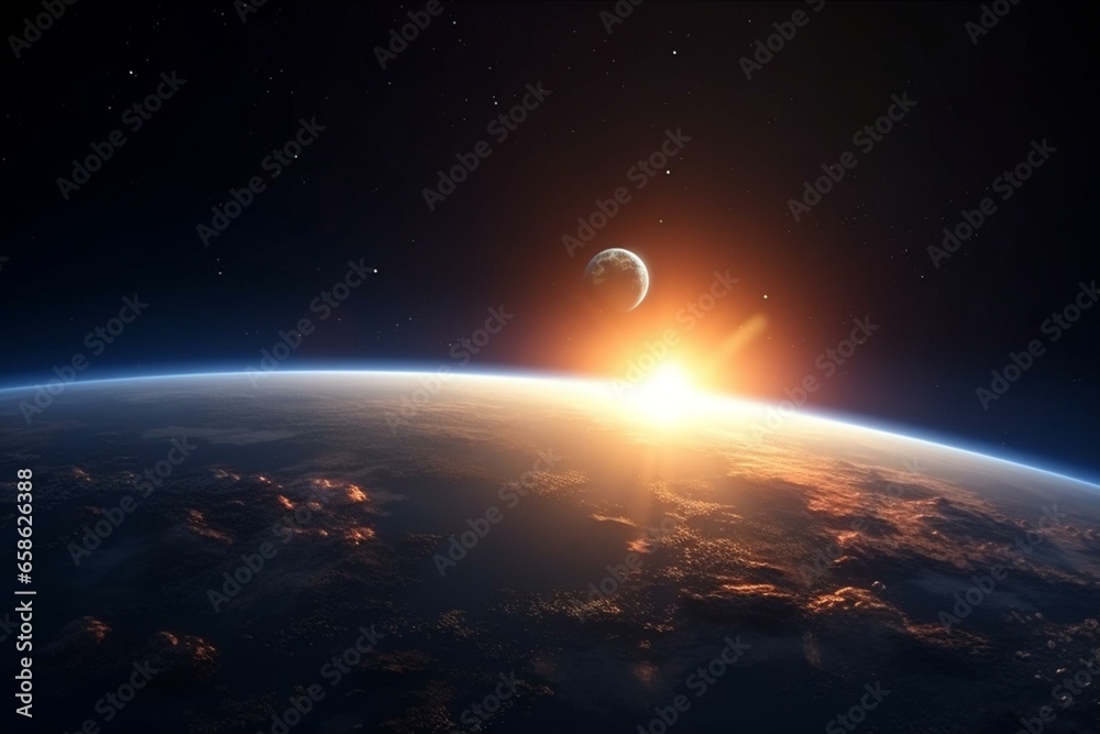 Obraz premium Sunrise over the planet with a starry backdrop viewed from space. Generative AI