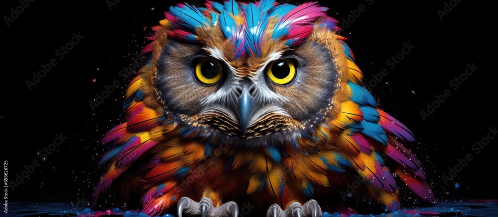 Painted colorful owl animal, they show off in beautiful colors. isolated black background. Pattern for t-shirt printing, Generative AI Painted colorful owl animal, they show off in beautiful colors. isolated black background. Pattern for t-shirt printing, Generative AI