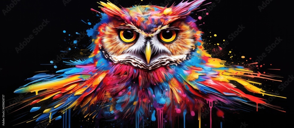 Painted colorful owl animal, they show off in beautiful colors. isolated black background. Pattern for t-shirt printing, Generative AI Painted colorful owl animal, they show off in beautiful colors. isolated black background. Pattern for t-shirt printing, Generative AI