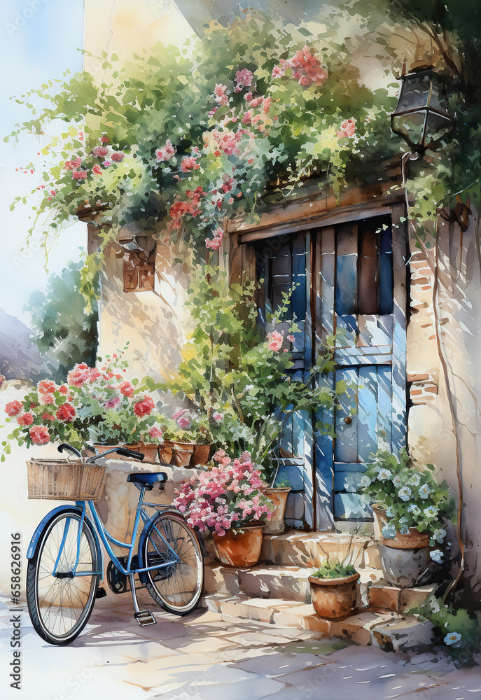 Idyllic Tranquility: A Quaint European Village Scene,old house with flowers,old bicycle in front of house,European Village Hut, Watercolor Illustration