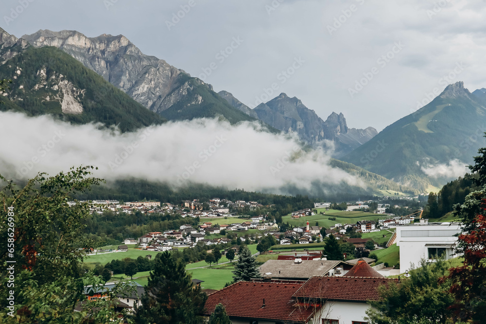 Wonderful view from the balcony of the Alps and the Austrian villages of Fulpmes and Medraz