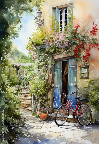 Idyllic Tranquility: A Quaint European Village Scene,old house with flowers,old bicycle in front of house,European Village Hut, Watercolor Illustration