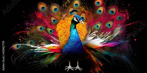Painted colorful  peacock animal, they show off in beautiful colors. isolated black background. Pattern for t-shirt printing, Generative AI © dm