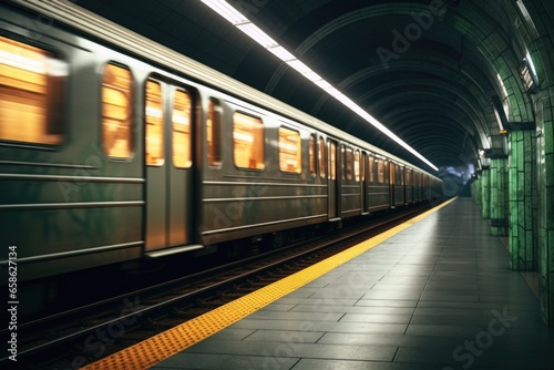 A subway train is seen traveling through a tunnel next to a platform. This image can be used to depict urban transportation, commuting, or public transit.