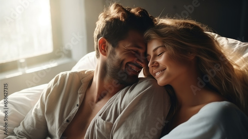 Generative AI, beautiful young man and woman, couple of lovers lying in bed, family, love, romance, passion, guy, girl, day off, sex life, date, valentine's day, relationship, time together, light